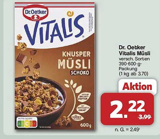 Dr. Oetker Vitals Müsli versch. Sorten 390-600-g-Packung (1 kg ab 3.70)