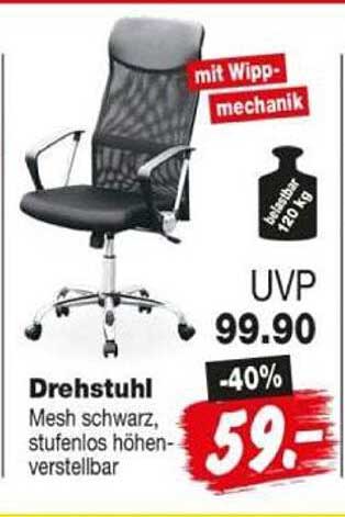 Drehstuhl Mesh schwarz, stufenlos höhenverstellbar
