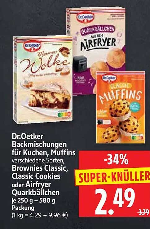 Dr.Oetker Backmischungen für Kuchen, Muffins verschiedene Sorten, Brownies Classic, Classic Cookies oder Airfryer Quarkbällchen je 250 g – 580 g Packung