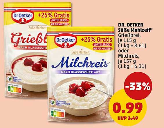 Dr.Oetker Süße Mahlzeit Greißbrei, je 115 g oder Milchreis, je 157 g