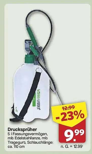 Drucksprüher 5 l Fassungsvermögen, mit Edelstahllanze, mit Tragegurt, Schlauchlänge: ca. 110 cm