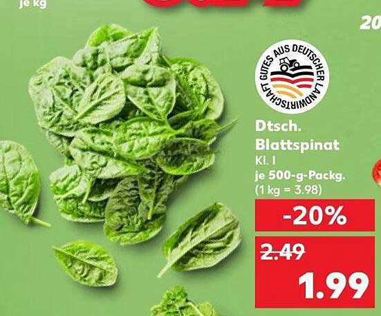 Dtsch. Blattspinat Kl. I je 500-g-Packg. (1 kg = 3.98)