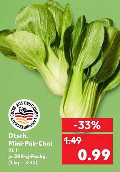 Dtsch. Mini-Pak-Choi Kl. I je 300-g-Packg. (1 kg = 3.30)