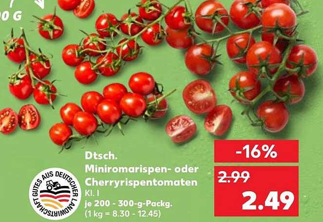 Dtsch. Minirispent- oder Cherryrispentomaten Kl. I je 200 - 300-g-Packg. (1 kg = 8.30 - 12.45)