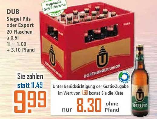 DUB Siegel Pils oder Export 20 Flaschen à 0,5l