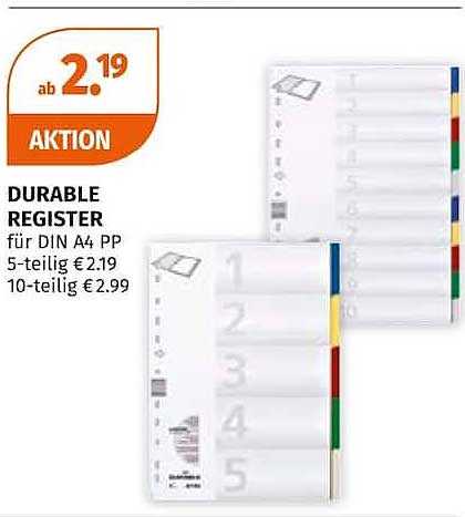 DURABLE REGISTER für DIN A4 PP 5-teilig €2.19 10-teilig €2.99