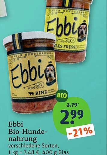 Ebbi Bio-Hundenahrung verschiedene Sorten, 1 kg = 7,48 €, 400 g Glas