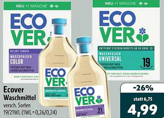 Ecover Waschmittel versch. Sorten 19/21WL (1WL = 0,26/0,24)