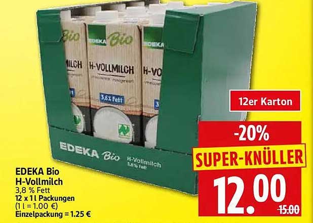 EDEKA Bio H-Vollmilch 3,8 % Fett 12 x 1 l Packungen