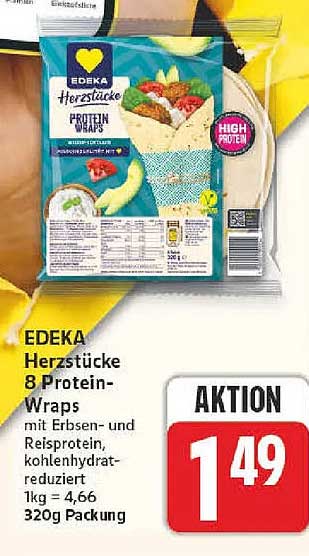 EDEKA Herzstücke 8 Protein-Wraps mit Erbsen- und Reisprotein, kohlenhydratreduziert 1kg = 4,66 320g Packung