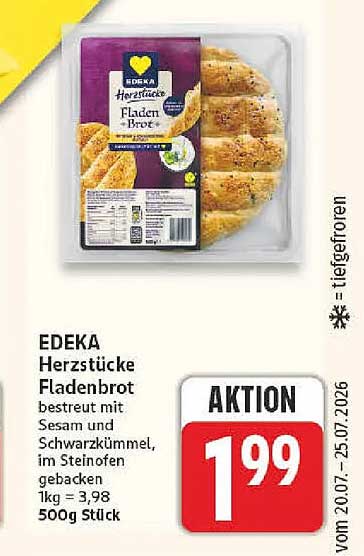 EDEKA Herzstücke Fladenbrot bestreut mit Sesam und Schwarzkümmel, im Steinofen gebacken 1kg = 3,98 500g Stück