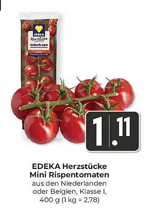 EDEKA Herzstücke Mini Rispentomaten aus den Niederlanden oder Belgien, Klasse I, 400 g (1 kg = 2,78)