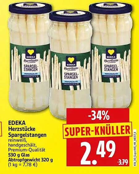EDEKA Herzstücke Spargelstangen reinweiß, handgeschält, Premium-Qualität 530 g Glas Abtropfgewicht 320 g (1 kg = 7.78 €)