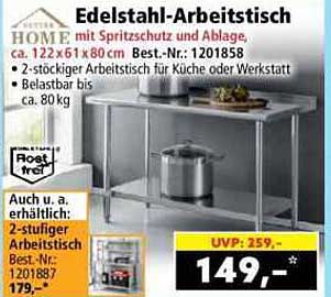 Edelstahl-Arbeits­tisch mit Spritzschutz und Ablage
