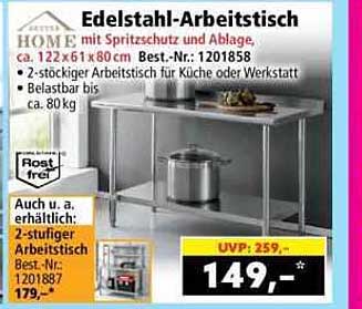 Edelstahl-Arbeitstisch mit Spritzschutz und Ablage