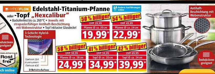 Edelstahl-Titanium-Pfanne oder -Topf, "Hexacliur"