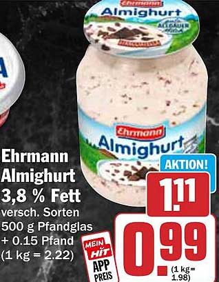Ehrmann Almighurt 3,8 % Fett versch. Sorten 500 g Pfandglas + 0.15 Pfand (1 kg = 2.22)