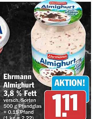 Ehrmann Almighurt 3,8 % Fett versch. Sorten 500 g Pfandglas + 0,15 Pfand