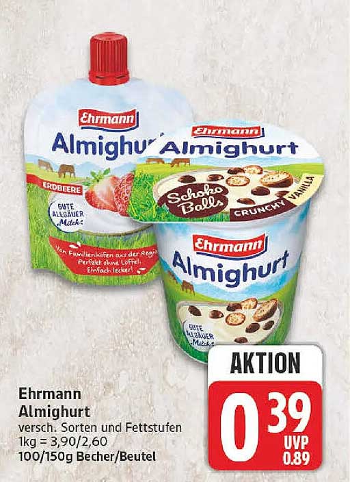Ehrmann Almighurt versch. Sorten und Fettstufen 1kg = 3,90/2,60 100/150g Becher/Beutel