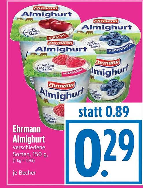 Ehrmann Almighurt verschiedene Sorten, 150 g, (1 kg = 1.93) je Becher