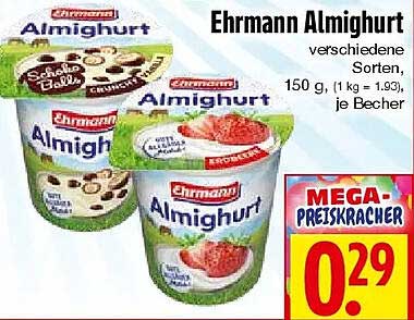 Ehrmann Almighurt verschiedene Sorten, 150 g, (1 kg = 1,93), je Becher