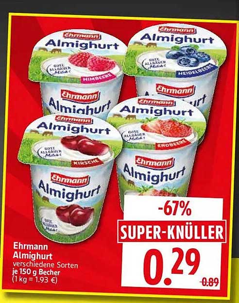 Ehrmann Almighurt verschiedene Sorten je 150 g Becher (1 kg = 1.93 €)