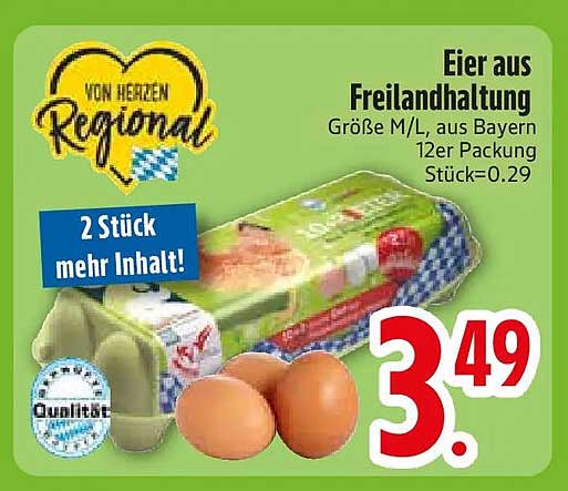 Eier aus Freilandhaltung Größe M/L, aus Bayern 12er Packung Stück=0.29