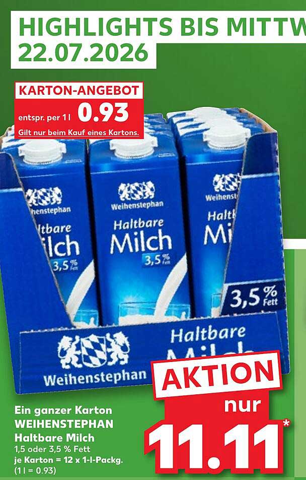 Ein ganzer Karton WEIHENSTEPHAN Haltbare Milch 1,5 oder 3,5 % Fett je Karton = 12 x 1-l-Pack. (1 l = 0.93)