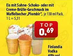 Eis mit Sahne-Schoko- oder mit Creme-Brulee-Geschmack im Waffelbecher „Plombir“, je 130 ml Pack. 1 l = 5,31