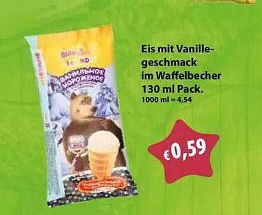 Eis mit Vanillegeschmack im Waffelbecher 130 ml Pack. 1000 ml = 4,54