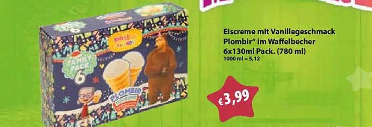 Eiscreme mit Vanillegeschmack „Plombir“ im Waffelbecher 6x130ml Pack. (780 ml)