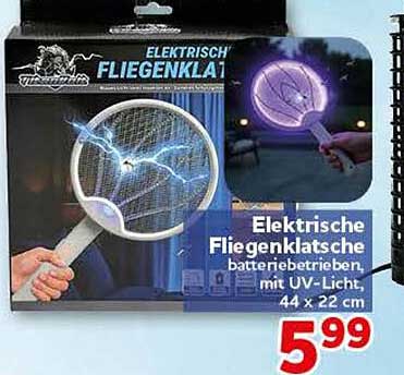 Elektrische Fliegenklatsche batteriebetrieben mit UV-Licht, 44 x 22 cm