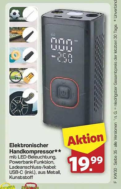 Elektronischer Handkompressor** mit LED-Beleuchtung, Powerbank-Funktion, Ladungsschluss/-kabel: USB-C (inkl.), aus Metall, Kunststoff