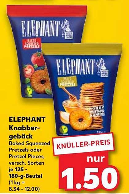 ELEPHANT Knabbergebäck Baked Squeezed Pretzels oder Pretzel Pieces, versch. Sorten je 125 - 180-g-Beutel (1 kg = 8.34 - 12.00)