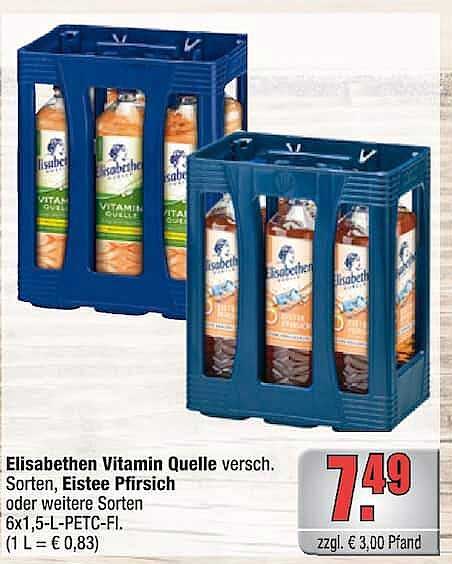 Elisabethen Vitamin Quelle versch. Sorten, Eistee Pfirsich oder weitere Sorten 6x1,5-L-PETC-Fl. (1 L = € 0,83)
