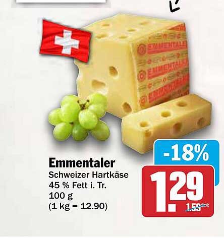 Emmentaler Schweizer Hartkäse 45 % Fett i. Tr. 100 g (1 kg = 12.90)