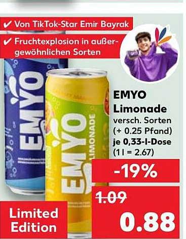 EMYO Limonade versch. Sorten (+ 0.25 Pfand) je 0,33-L-Dose (1 l = 2.67)