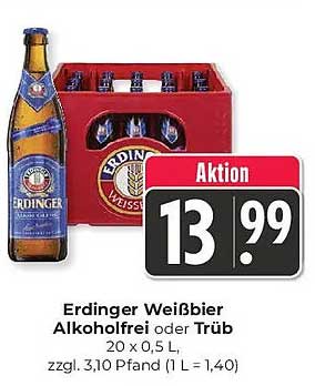 Erdinger Weißbier Alkoholfrei oder Trüb 20 x 0,5 L zzgl. 3,10 Pfand (1 L = 1,40)