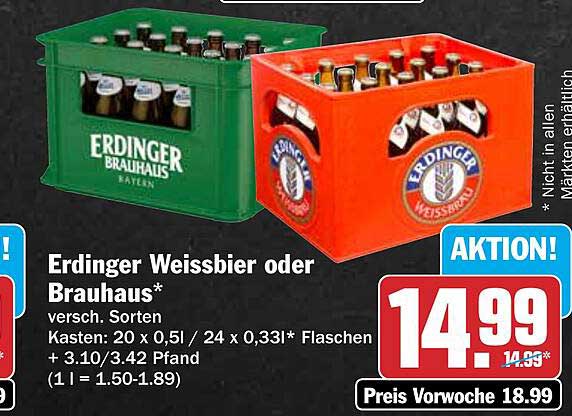 Erdinger Weissbier oder Brauhaus* versch. Sorten Kasten: 20 x 0,5l / 24 x 0,33l* Flaschen + 3.10/3.42 Pfand (1 l = 1.50-1.89)
