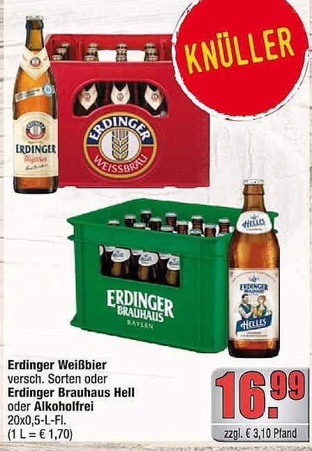 Erdinger Weißbier versch. Sorten oder Erdinger Brauhaus Hell oder Alkoholfrei 20x0,5-L-Fl. (1 L = € 1,70)