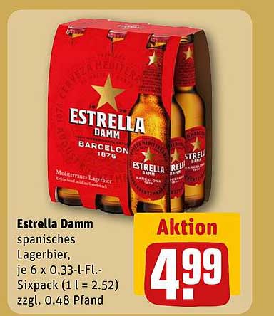 Estrella Damm spanisches Lagerbier, je 6 x 0,33l-Fl.-Sixpack (1 l = 2.52) zzgl. 0.48 Pfand