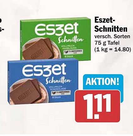 Eszet-Schnitten versc. Sorten 75 g Tafel (1 kg = 14.80)
