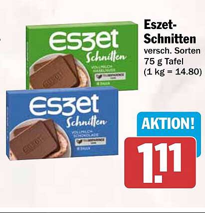 Eszet-Schnitten versch. Sorten 75 g Tafel (1 kg = 14.80)