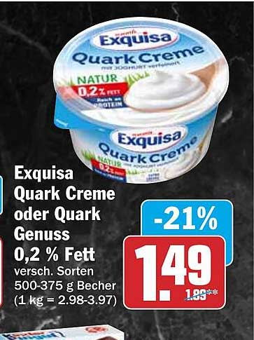 Exquisa Quark Creme oder Quark Genuss 0,2 % Fett versch. Sorten 500-375 g Becher