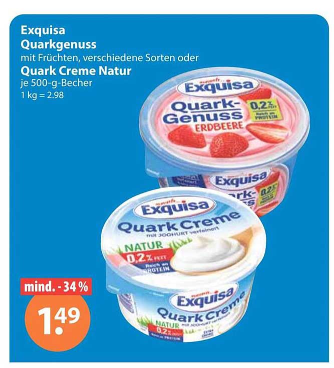 Exquisa Quarkgenuss mit Früchten, verschiedene Sorten oder Quark Creme Natur je 500-g-Becher