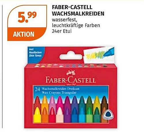 FABER-CASTELL WACHSMALKREIDEN wasserfest, leuchtkräftige Farben 24er Etui