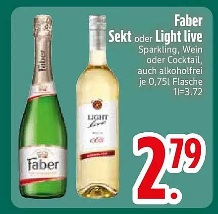 Faber Sekt oder Light live Sparkling, Wein oder Cocktail, auch alkoholfrei je 0,75l Flasche 1l=3.72