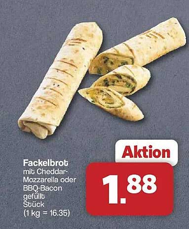Fackelbrot mit Cheddar-Mozzarella oder BBQ-Bacon gefüllt Stück