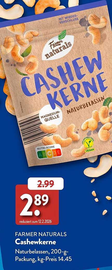 FARMER NATURALS Cashewkerne Naturbelassen, 200-g-Packung, kg-Preis 14.45