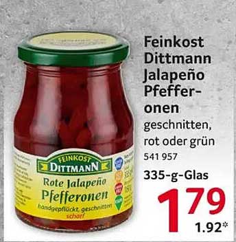 Feinkost Dittmann Jalapeño Pfefferronen geschnitten, rot oder grün 335-g-Glas